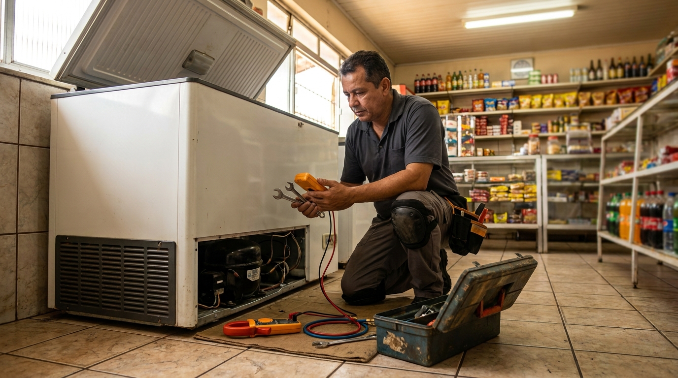 Profissional executando manutenção no motor de freezer em Porto Alegre‑RS