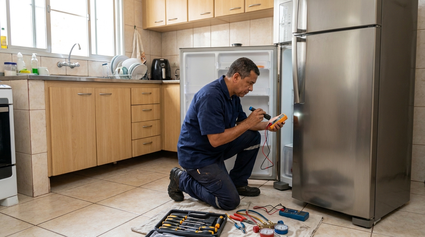 Técnico aplicando recarga de gás refrigerante em geladeira em Porto Alegre‑RS